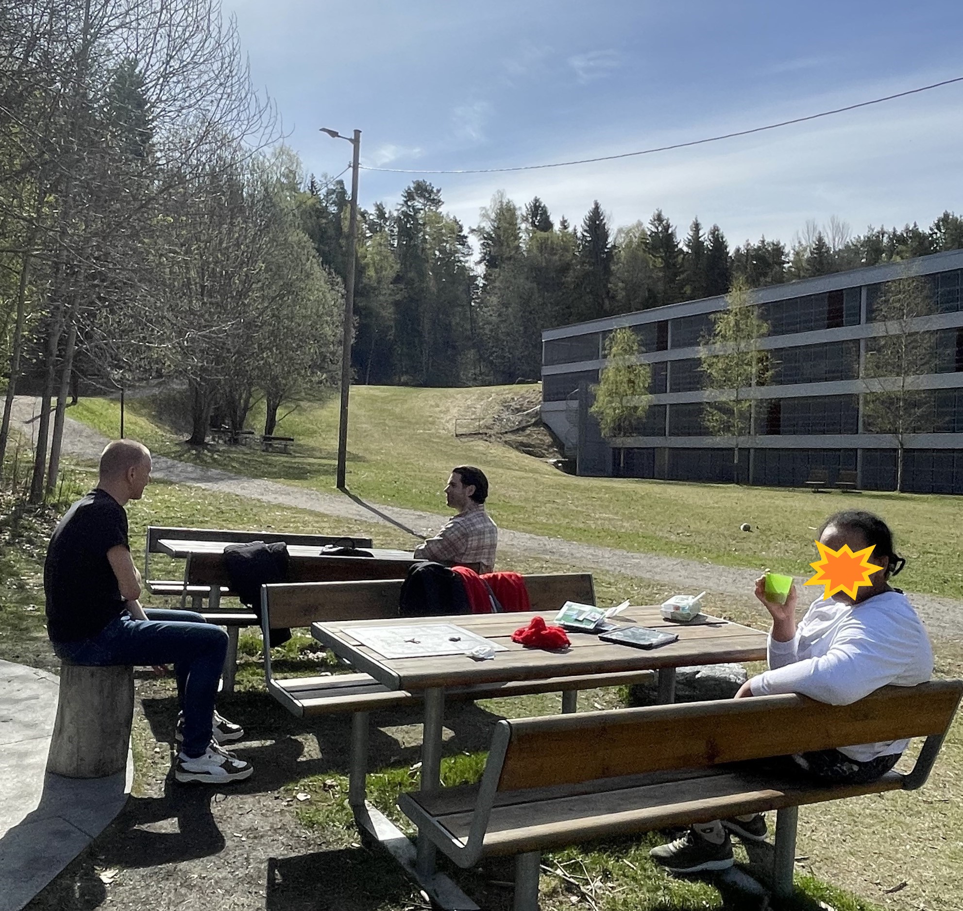 En gruppe mennesker som sitter ved piknikbord utenfor